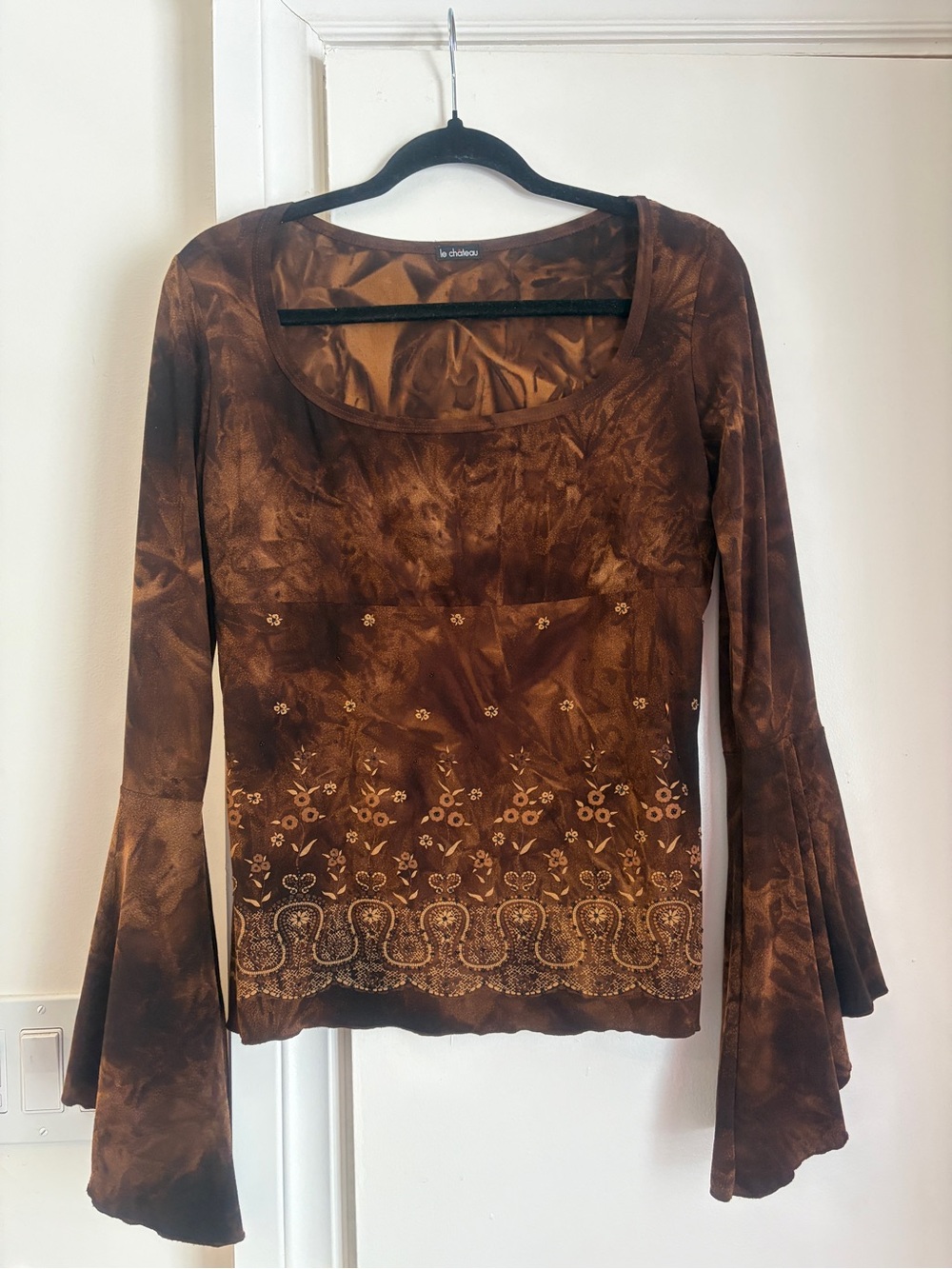 Y2K Brown Floral Embroidered Bell Sleeve Long Sleeve Top